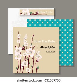 Vector  Spring  apricot blossoming branch on bright background. Wedding invitation card template. Save the date card in vintage colors
