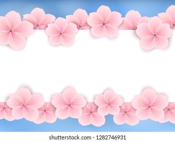 Vector spring background (4:3). White banner with a frame of pink spring flowers (cherry or sakura).
EPS 10.