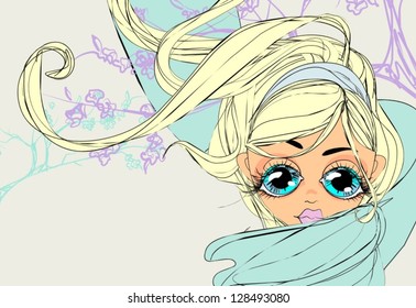 vector   spring background with a beautiful girl