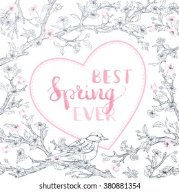 Vector spring background. Best spring ever! Blossoms and bird contours on tree branches. Hand-written brush lettering. There is place for your text.