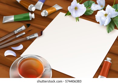 Vector spring background with blank sheet of paper, white flowers, paintbrushes, paint tubes, teacup on wooden background