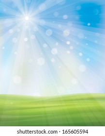 Vector spring background, blue sky and green grass. 