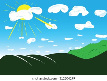 Vector spring background, blue sky and green grass.