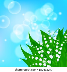 Vector spring background with bouquet of lily-of-the-valley flowers on light sky blue bokeh. Illustration for card, mother's day postcard, wedding invitation, soap package, spring sale coupon.