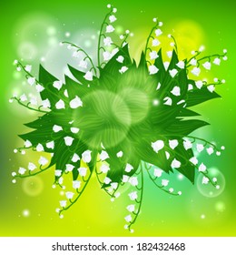 Vector spring background with bouquet of lily-of-the-valley flowers on shining light green bokeh. Illustration for card, mother's day postcard, wedding invitation, soap package, spring sale coupon.