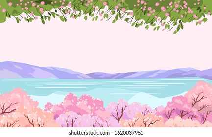 Vector spring background in cartoon style. Pink and violet sakura, cherry, magnolia in blossom. Asian horizontal landscape with lake, hills, trees and flowers. Banner with copy space. 