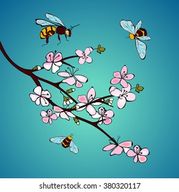 Vector spring background with cherry blossom and bees. Image of white with a black stroke. Isolated on a blue background. EPS10.
