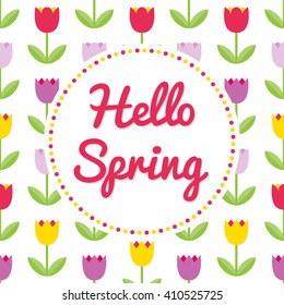 Vector spring background. Colorful tulips and round frame. You can place your text in the center. Good use for mother's day, 8 march, spring cards, summer illustrations. 