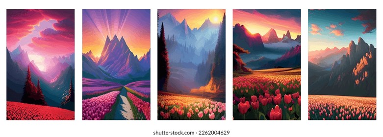Vector spring background. Dutch landscape with tulip field, mountains. Floral vertical landscape poster. For posters, advertisements, wallpapers, landing pages. Set of illustrations