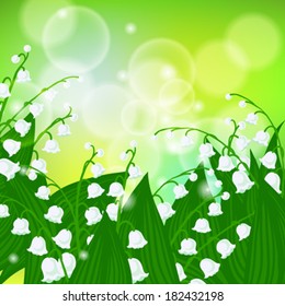 Vector spring background with field of lily-of-the-valley flowers on shining light green bokeh. Illustration for card, mother's day postcard, wedding invitation, soap package, spring sale coupon.