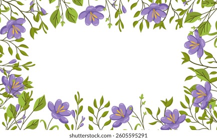 Vector spring background with flowers and space for text. Botanical illustration for cards and invitations. Frame of flowers and greenery for summer designs.