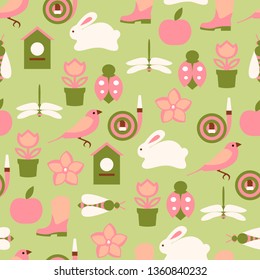 Vector spring background. Garden tools set. Seamless color pattern.