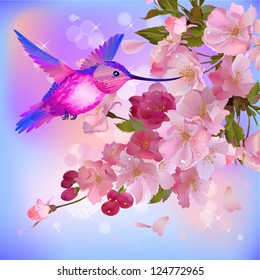 Vector spring background with gentle branch of beautiful cherry flowers and flitting humming-bird