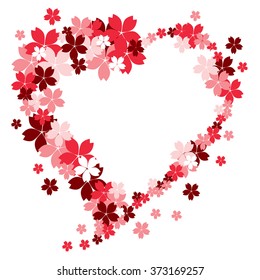 Vector spring background with gentle heart from cherry flowers and petals,isolated on the pink background