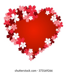 Vector spring background with gentle heart from cherry flowers and petals,isolated on the pink background