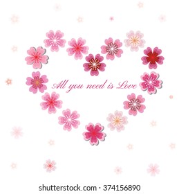 Vector spring background with gentle heart from cherry flowers,isolated on the white background