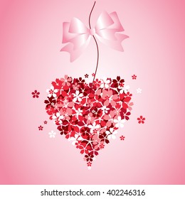 Vector spring background gentle heart from cherry blossom flower with pink ribbon isolated on the pink background
