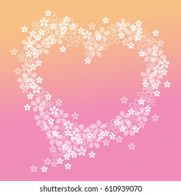 Vector spring background with gentle heart from cherry flowers and petals,isolated on the pink background