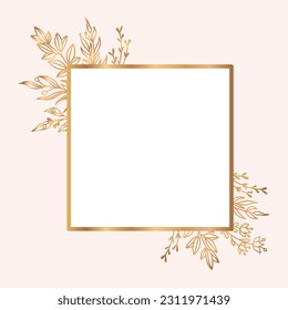 Vector spring background. Golden frame with flowers.