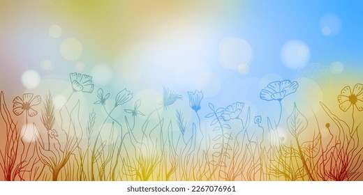 Vector spring background, hand drawn wild grass and flowers, bokeh effect