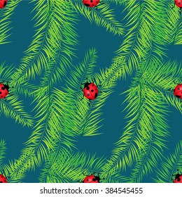 Vector spring background with palm leaves and ladybugs