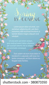 Vector spring background. Pink blossoms and birds on tree branches. Hand-written brush lettering. There is place for your text. Seasonal card template. 