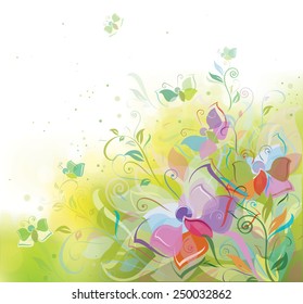 Vector spring background, plants and butterflies.