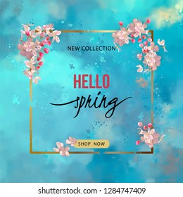 Vector spring background with plum or cherry blossom, lettering and a frame on a blue watercolor background