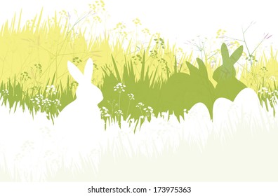 Vector spring background, rabbits and eggs in grass.