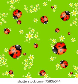 Vector spring background with small flowers and ladybugs