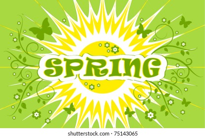 vector spring background with sun, butterflies and flowers