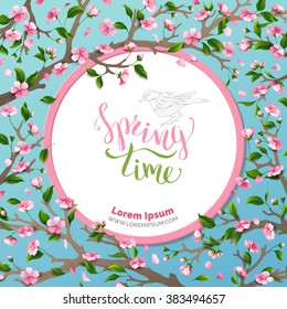 Vector spring background. Spring time.  Spring flowers and leaves on tree. Round frame. Handwritten brush lettering. Vector card template. You can place your text in the center on white background.