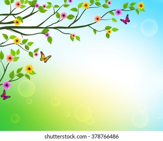 Vector Spring  Background of Tree Branches with Growing Leaves and Colorful Flowers in a Horizon for Springtime or Nature Related Designs. Vector Illustration
