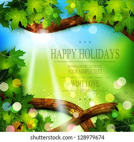 Vector spring background with trees and sun