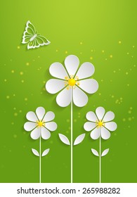 Vector spring background with volumetric flowers. Paper cut flowers on green background. With butterfly.