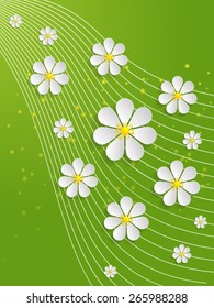 Vector spring background with volumetric flowers. Paper cut flowers on green background. With butterfly.