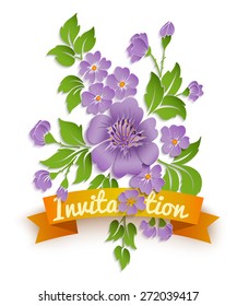 Vector spring background with volumetric flowers. Paper cut flowers on white background. With orange ribbon.