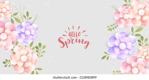 vector spring banner background with spring text and colorful paper cut flower elements vector illustration