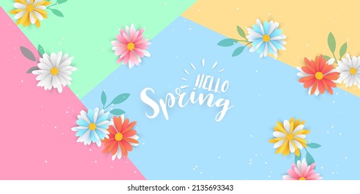 vector spring banner background with spring text and colorful paper cut flower elements vector illustration