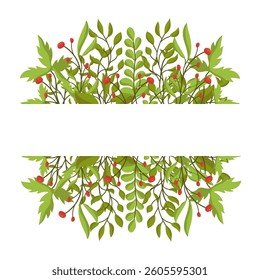 Vector spring banner with berries, leaves and space for text. Colored botanical illustration for greeting cards and invitations. Plate of flowers and greenery for summer designs