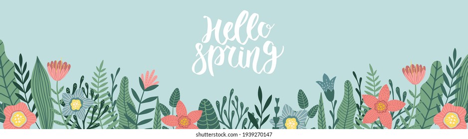 Vector spring banner with copy space for text. Flower designs in flat style.