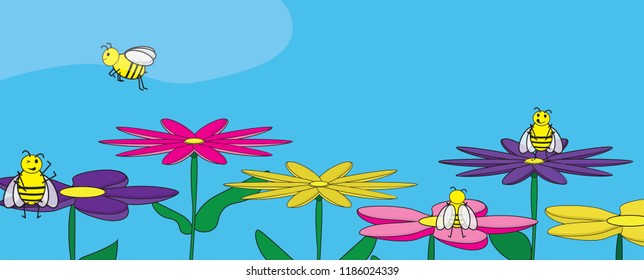 Vector spring banner. Cute bees on colorful flowers