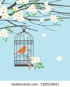 Vector spring banner or greeting card with a bird in a cage hanging on the branches of a flowering tree with white buds and flowers on the background of blue sky.