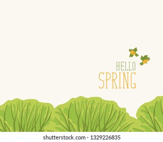 Vector spring banner or greeting card with words Hello Spring. Spring landscape with green tops of the trees and birds in the park