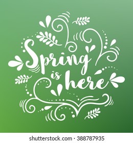 Vector spring banner with hand drawing pattern on a blurred background. Spring is here  - typography