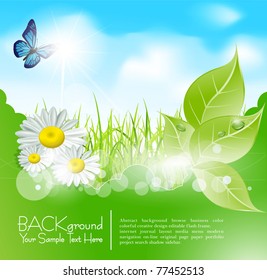 Vector spring banner with  leaves and grass against the blue sky