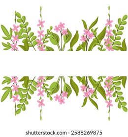 Vector spring banner with pink flowers and space for text. Botanical illustration for greeting cards and invitations. Frame of flowers and greenery for summer designs.