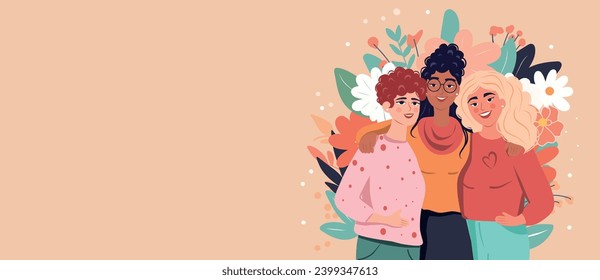 Vector spring banner place for text, beautiful happy women of different nationalities. Poster card with Women's Day on a pastel background. Women empowerment, feminism day