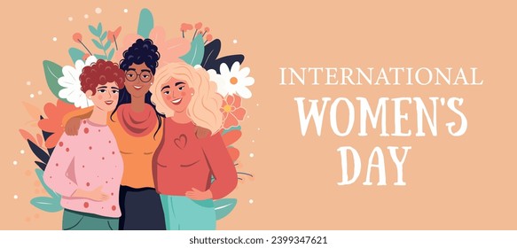 Vector spring banner with space for text, beautiful happy women of different nationalities. Poster card with Women's Day on a gentle background. Women empowerment, feminism day
