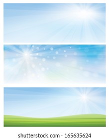 Vector spring banners, blue sky and green grass. 